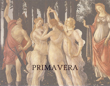 Load image into Gallery viewer, Label art for Primavera featuring black text and a label image of Botticelli's Primavera painting, which features three Renaissance styled women dancing in an orange grove.